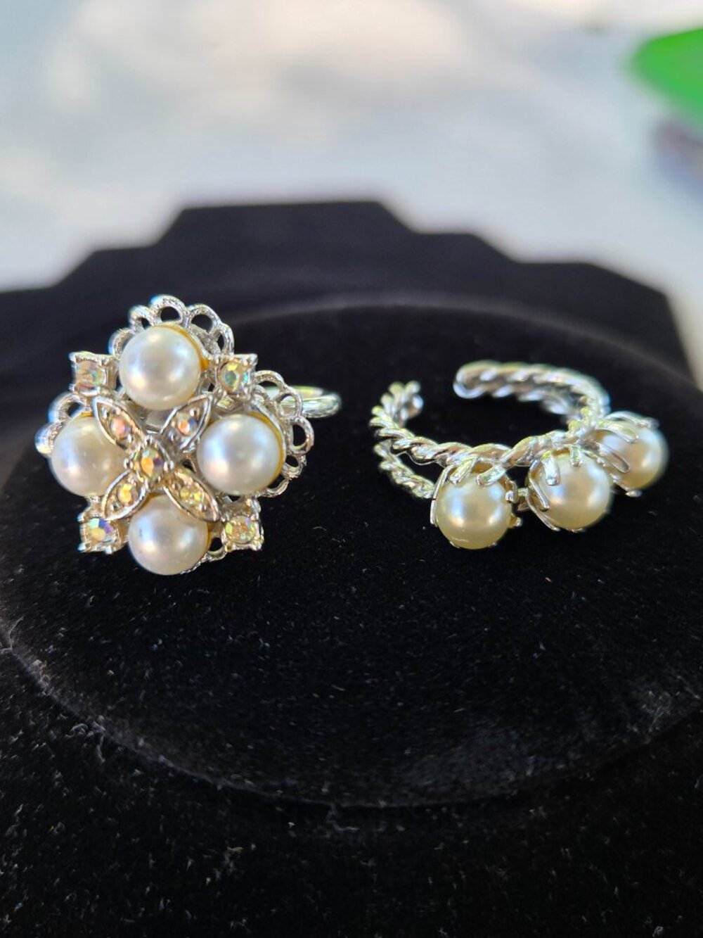 2 Vintage Adjustable Sarah Coventry faux pearl rings